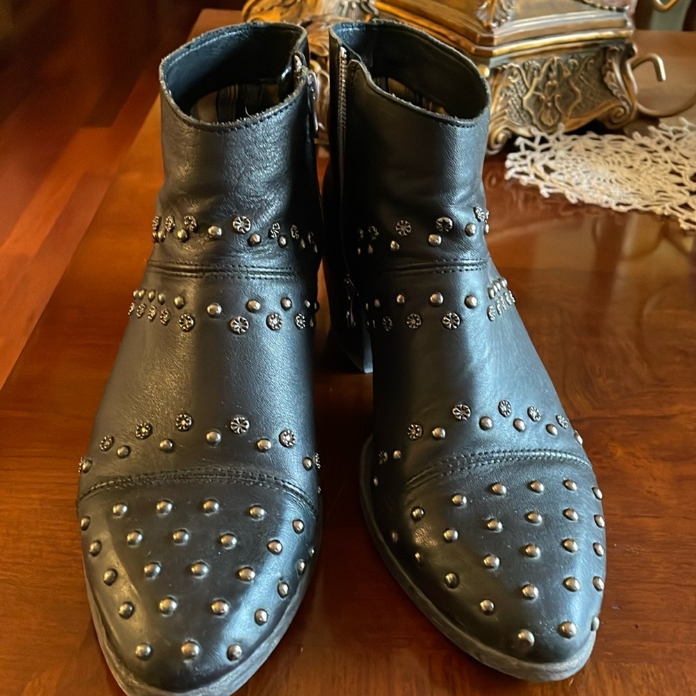 Black ankle booties. Gunmetal studding over boots as shown on photos.